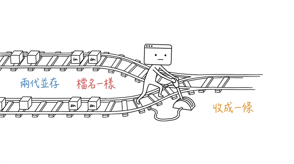 兩條並行的軌道上跑的是同一批東西，我把扳桿壓下去，它們終於併成一條