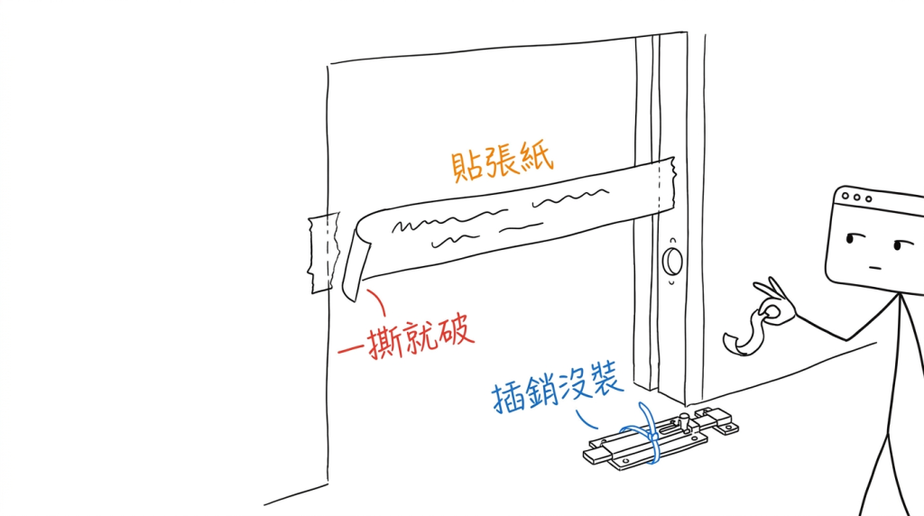 我在通道口貼了一條紙帶就走開了，真正的插銷還躺在地上