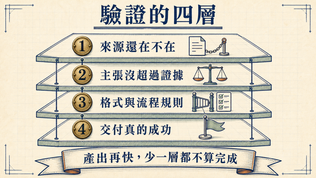 內容產線的驗證四層:來源還在不在、主張沒超過證據、格式與流程規則、交付真的成功