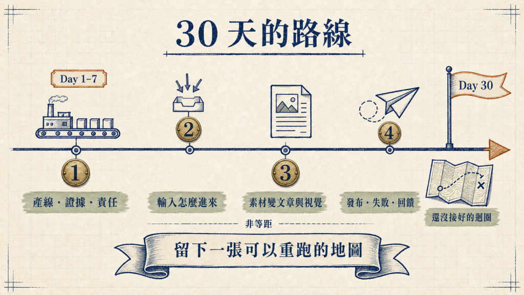 30 天的路線分成四段:攤開產線與責任、輸入怎麼進來、素材變文章與視覺、發布失敗與回饋
