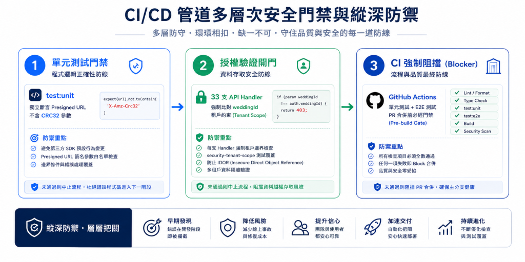 CI/CD 強制門禁與修復防守機制圖