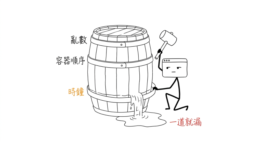 上面兩道箍我敲緊了，最下面那道還鬆著，水就從那一圈滲出來