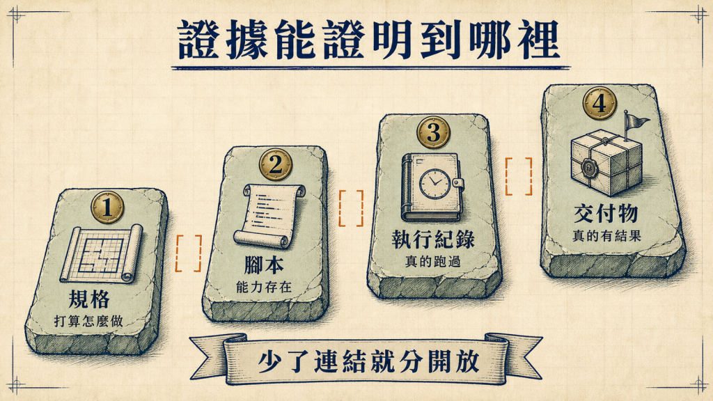 證據階梯：規格、腳本、執行紀錄、交付物各證明不同的事，少了連結就分開放