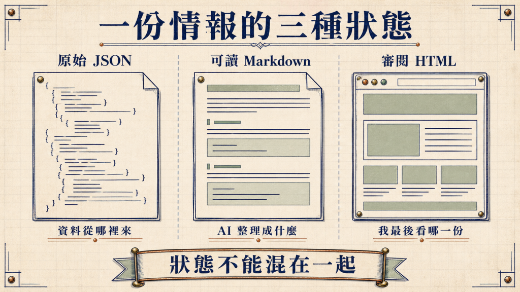 一份情報的三種狀態：原始 JSON、可讀 Markdown、審閱 HTML 分別回答不同問題，狀態不能混在一起