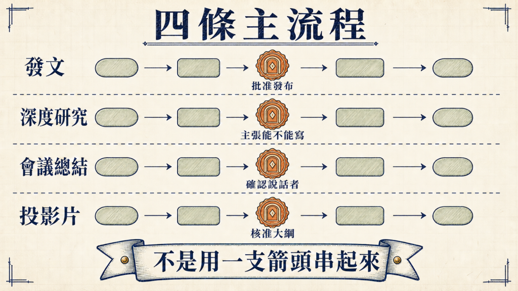 四條主流程各自獨立：發文、深度研究、會議總結、投影片，每條有自己的人工判斷點，彼此不相連
