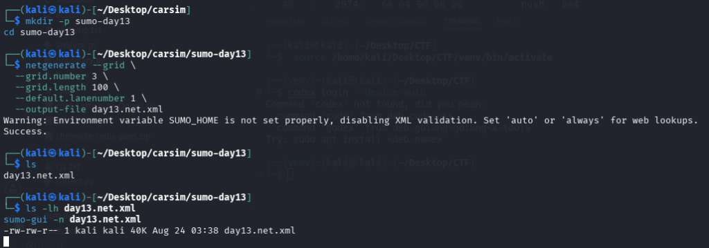 Kali Terminal 顯示 netgenerate 執行成功並產生 day13.net.xml