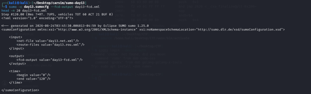 Kali Terminal 顯示 SUMO 模擬完成並查看 day13-fcd.xml
