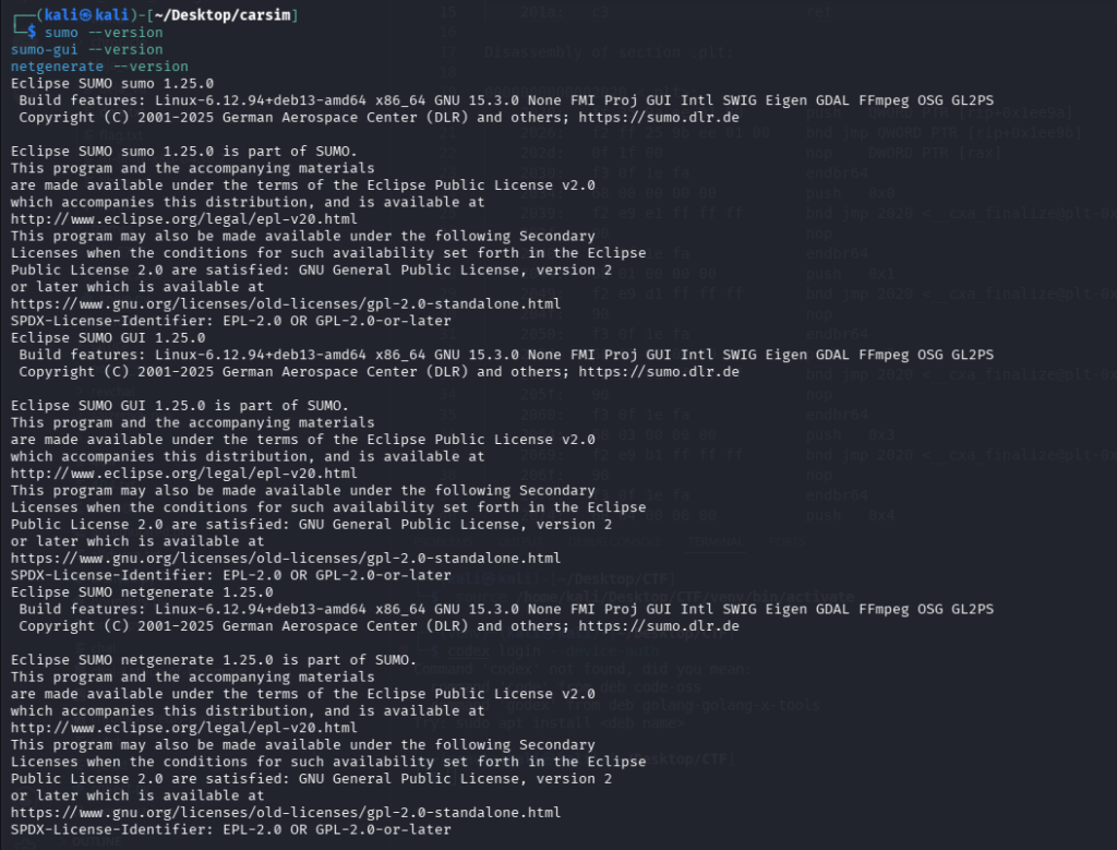 Kali Terminal 顯示 SUMO、SUMO GUI 與 netgenerate 的版本資訊