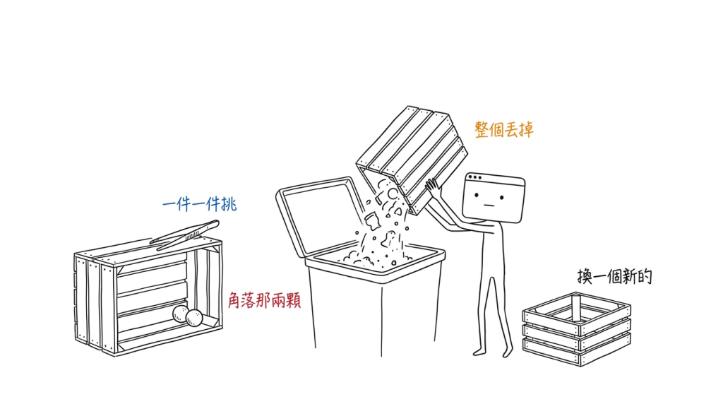 我沒有拿鏲子去挑角落那兩顆,我把整個箱子倒掉換一個新的