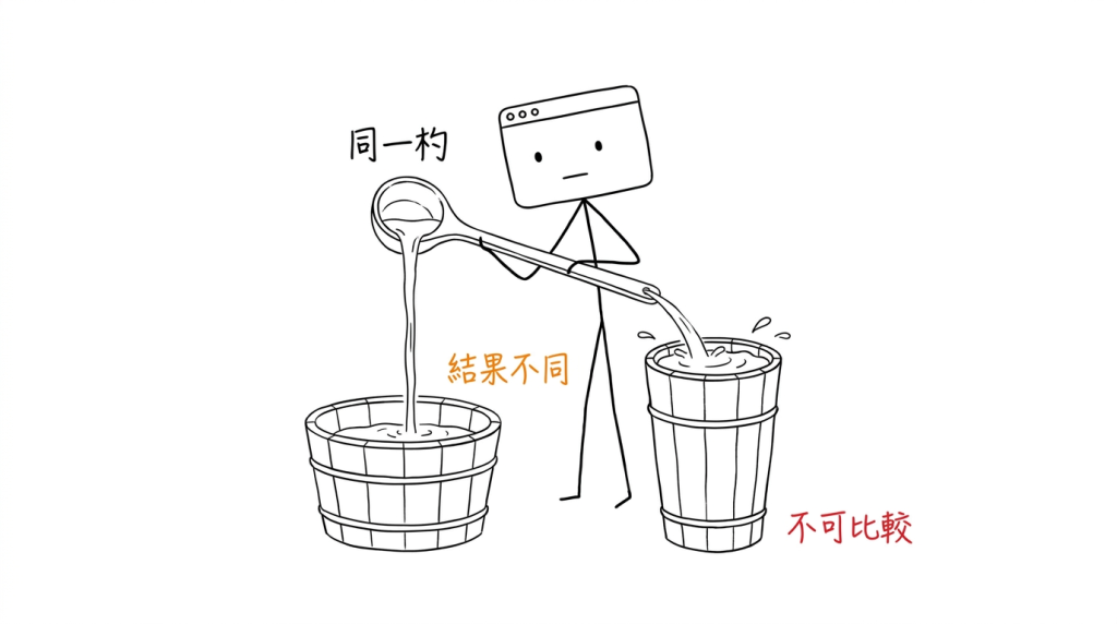 我用同一支杓子各倒一杓進兩個大小差很多的桶，水位完全不同