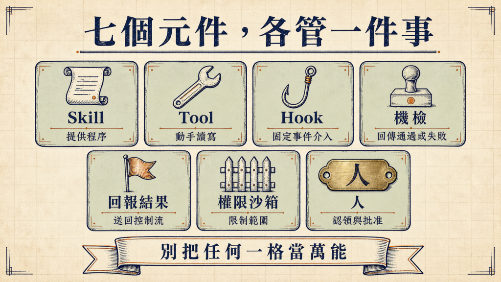 七個元件的責任卡：Skill、Tool、Hook、機檢、回報結果、權限沙箱、人，各自負責一件事