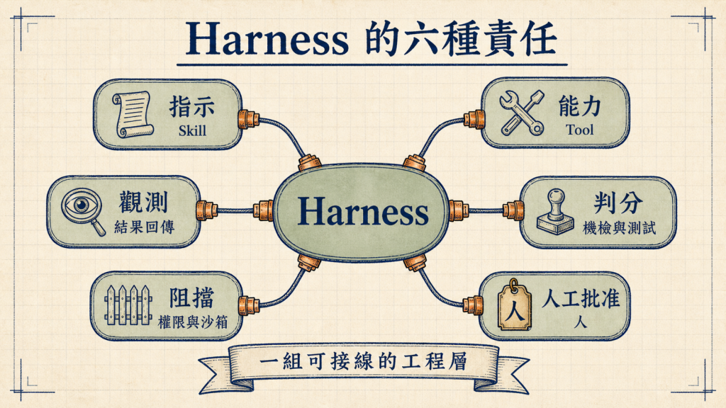 Harness 的六種責任：指示、能力、觀測、判分、阻擋、人工批准，一組可接線的工程層