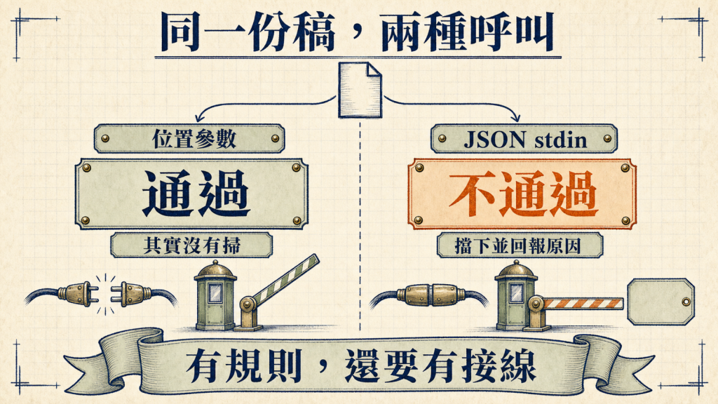 同一份測試稿的兩種呼叫方式：位置參數回報通過其實沒有掃，JSON stdin 才回報不通過並附上原因