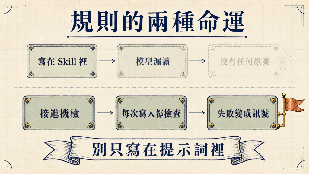 規則的兩種命運：寫在 Skill 裡，模型漏讀就沒有訊號；接進機檢，每次寫入都會檢查，失敗會變成訊號