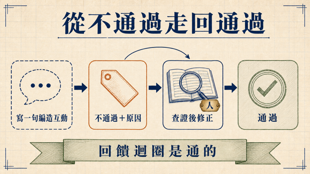 受控測試走一圈：一句編造的讀者互動被擋下並回報原因，人查證後修正，同一條路徑放行