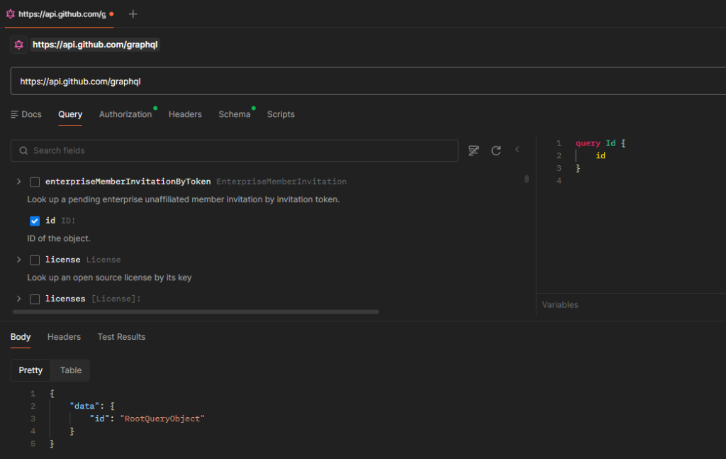 Postman 對 GitHub GraphQL 端點(https://api.github.com/graphql)做 introspection:左側 schema explorer 自動列出可用欄位(enterpriseMemberInvitationByToken、license、licenses…)與型別,勾選 id 後右側自動生成 query「query Id { id }」,下方回傳 {"data":{"id":"RootQueryObject"}}——不必讀文件,直接問 API 就拿到 schema 與可用查詢