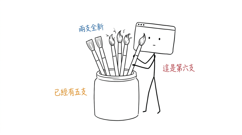 筒裡已經有五支幾乎一樣的刷子，而我手上這支是第六支