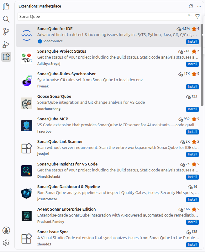 在 VS Code 擴充功能市集搜尋 SonarQube 的結果，第一個就是 SonarSource 發行的 SonarQube for IDE