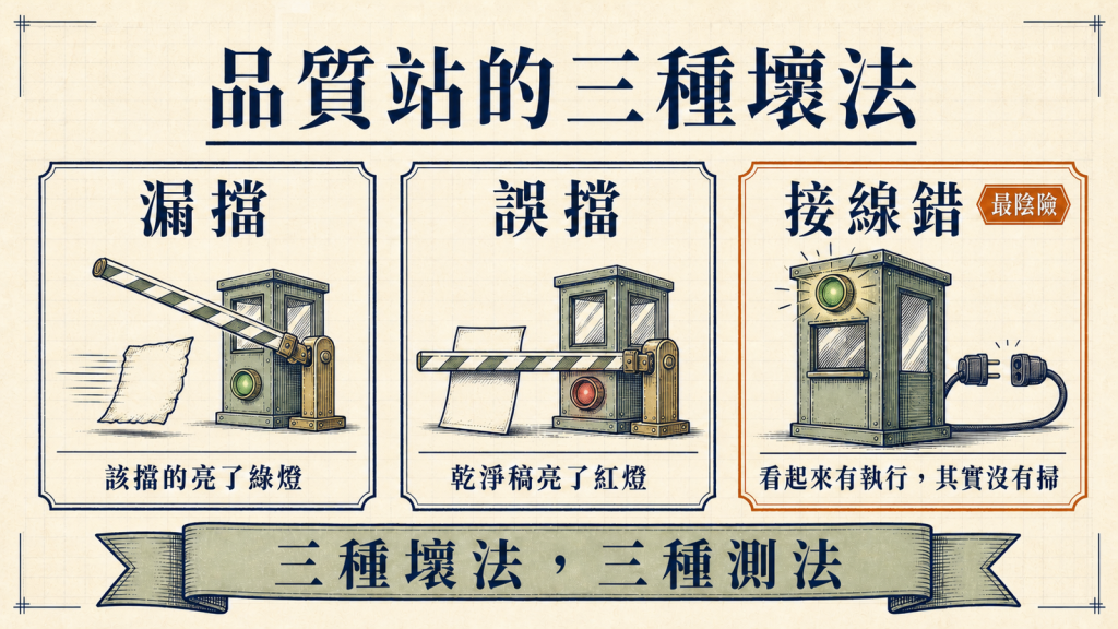 品質站的三種壞法：漏擋、誤擋、接線錯，各自需要不同的測試