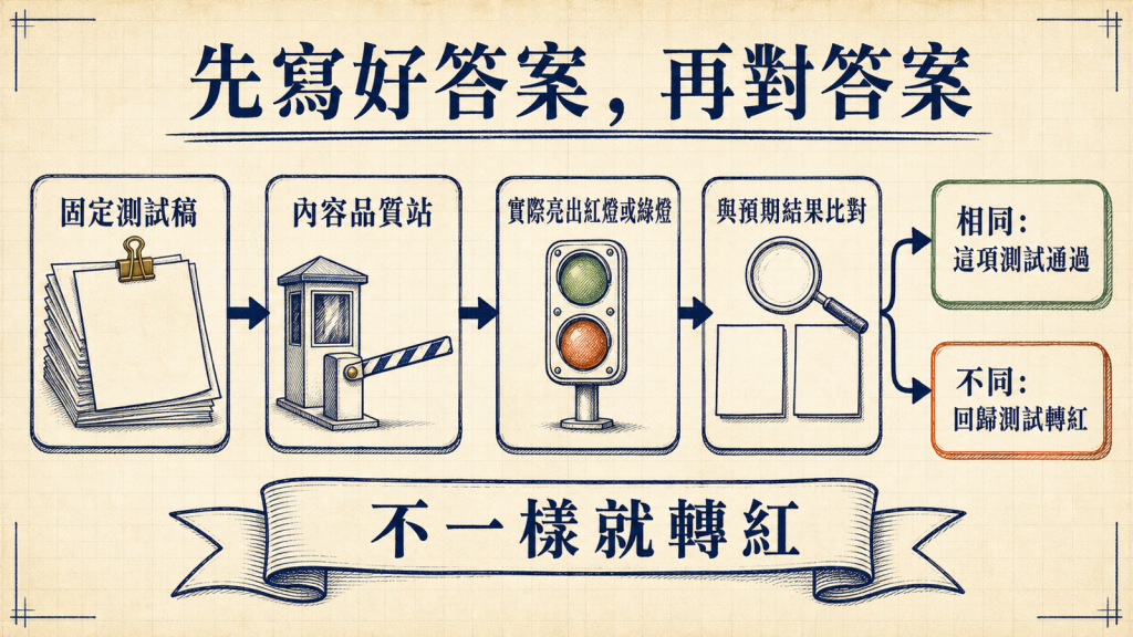 測試就是對答案：固定測試稿進品質站，拿實際的紅綠燈跟預期比對，相同就通過，不同就轉紅