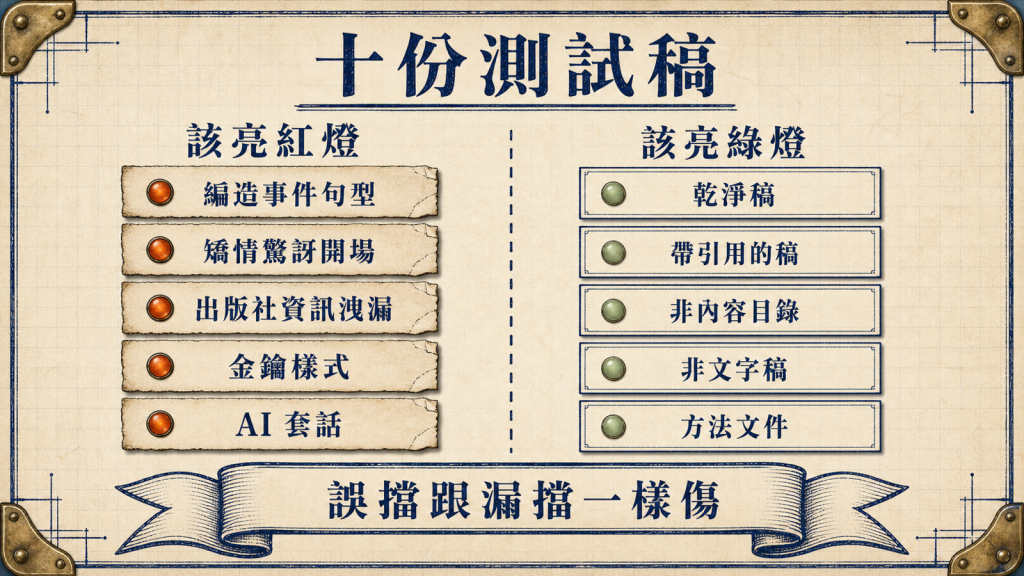 十份固定測試稿：左區五份該亮紅燈的已知違規，右區五份該亮綠燈的正常寫法