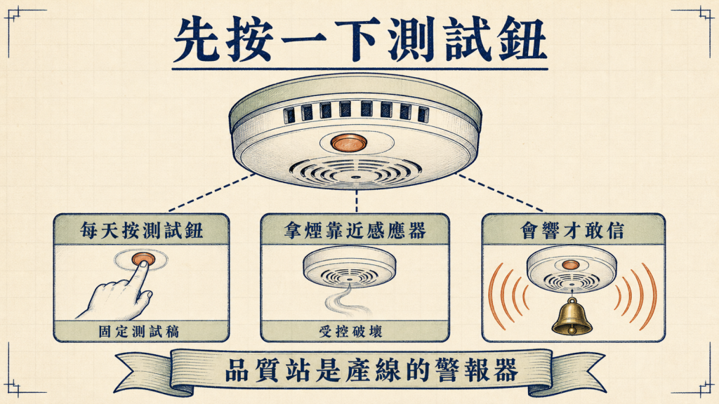 煙霧警報器的比喻：品質站是產線的警報器，固定測試稿是測試鈕，受控破壞是靠近感應器的煙