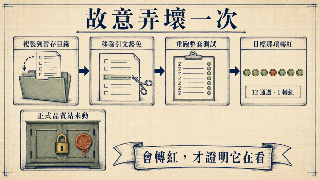 破壞實驗四步：複製到暫存目錄、移除引文豁免、重跑測試、目標項轉紅，正式品質站全程未動