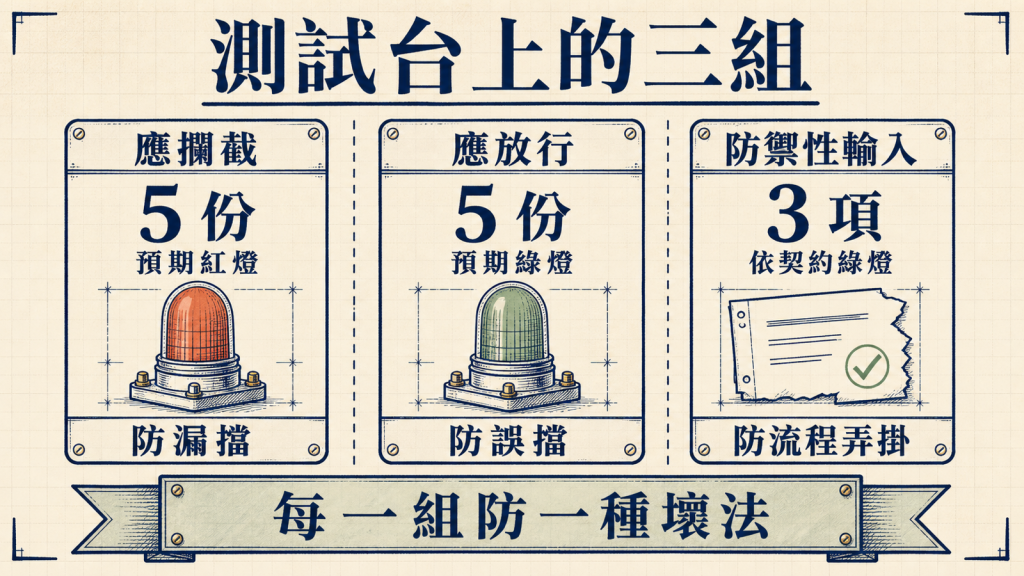 測試矩陣：應攔截五份預期紅燈、應放行五份預期綠燈、防禦性輸入三項依契約綠燈