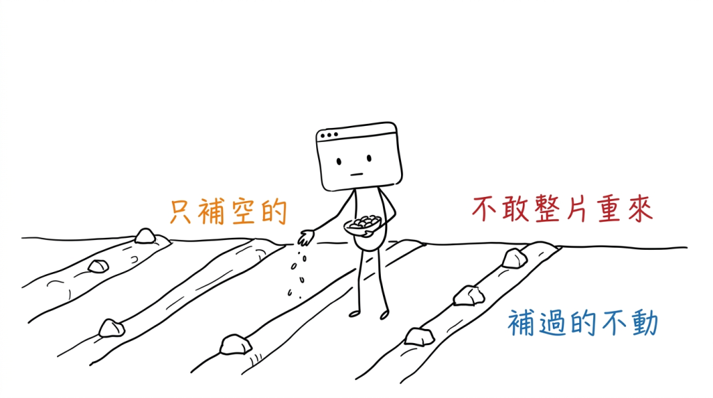 我只往還空著的那幾畦撒種，補過的那幾畦一粒都不碰