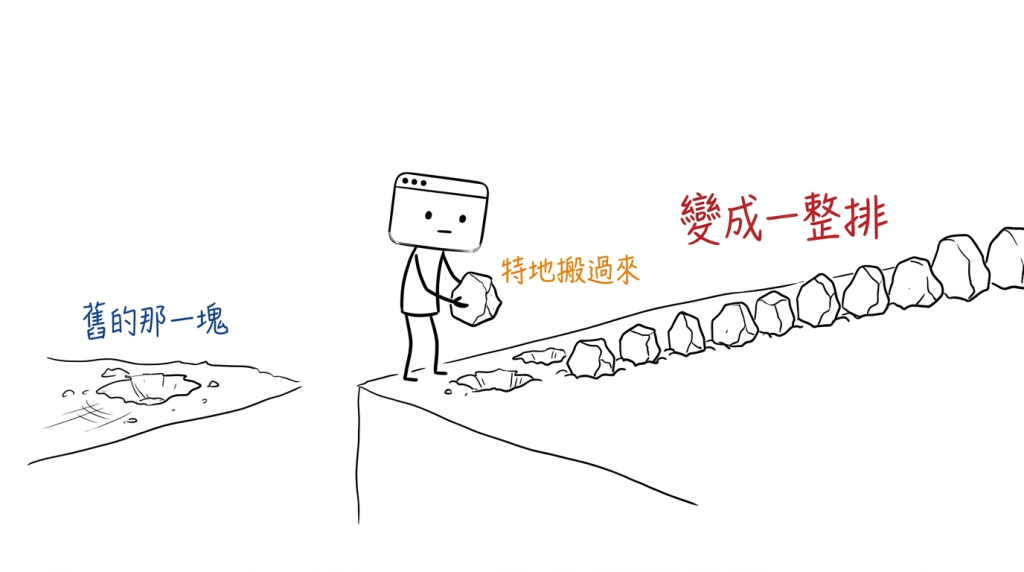 舊地方門口那塊絆腳的石頭，我特地挖起來，在新的地方埋成一整排