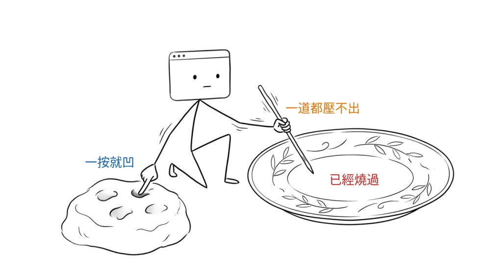 燒過的那面我一道紋都壓不出來,旁邊那團還沒進窯的,一按就凹
