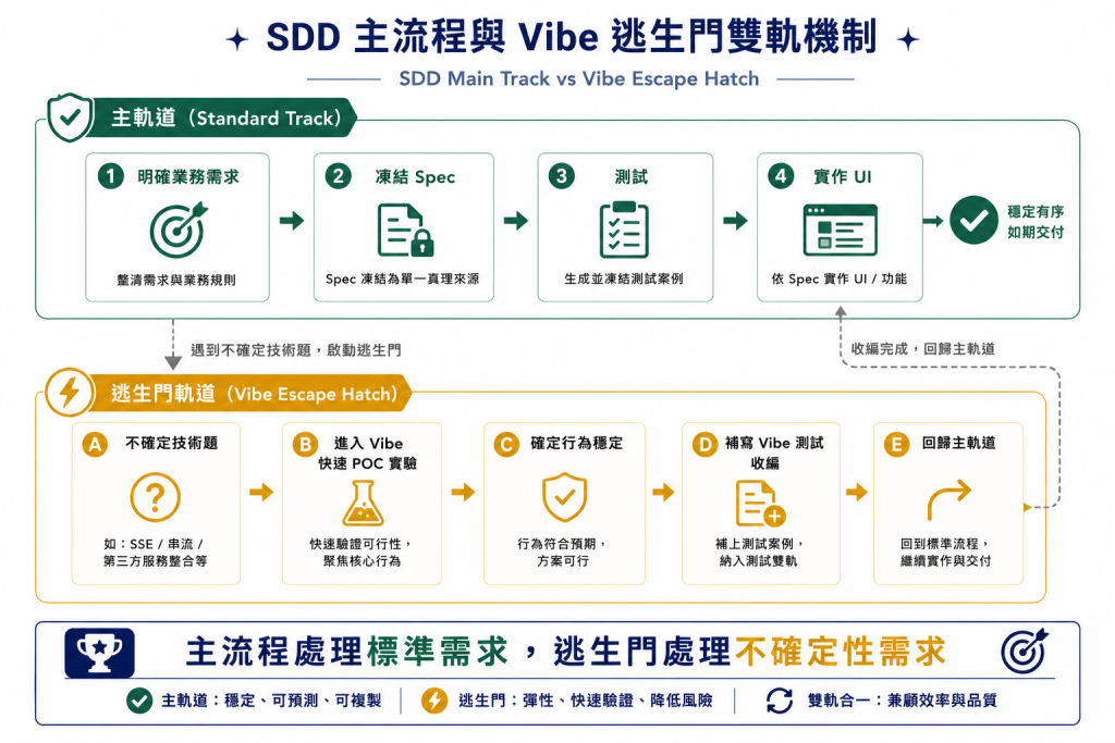 Vibe 逃生門雙軌機制圖