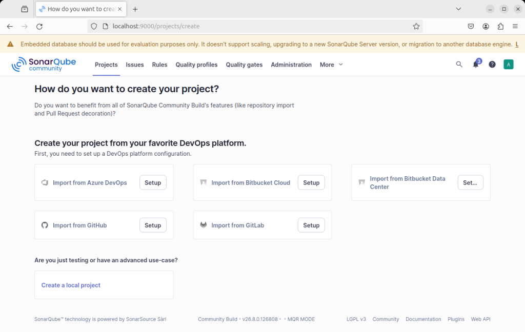 SonarQube 建立專案的第一頁，畫面主要被 DevOps 平台匯入選項佔滿，Create a local project 被放在最下方