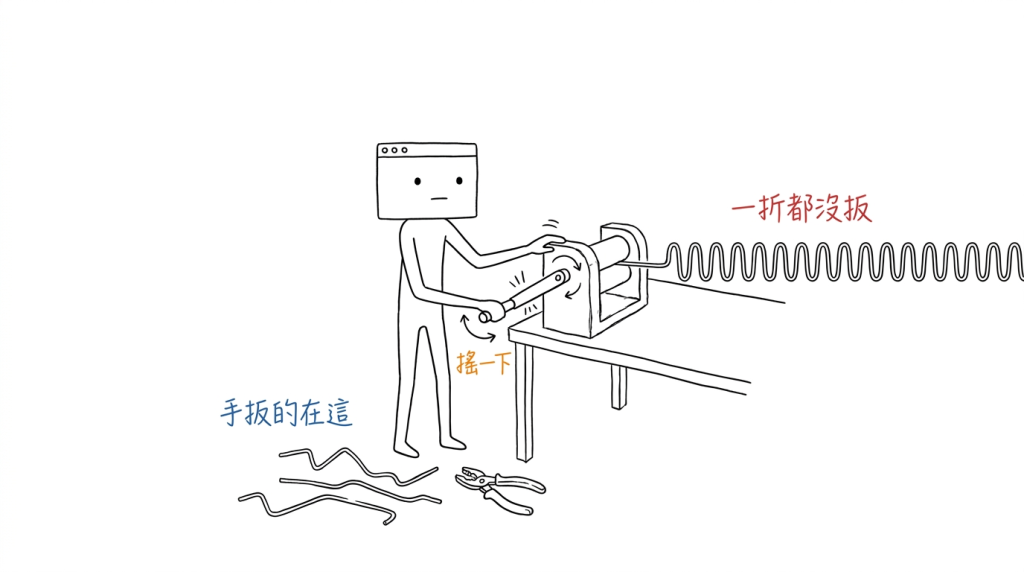 我只搖了一下曲柄,那整排折面自己就出來了,一折都沒扳過
