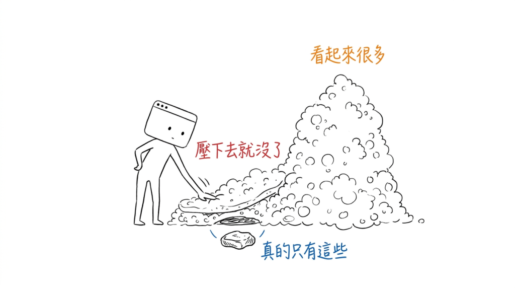 我伸手往那堆泡沫壓下去，看起來很高的東西一下就沒了