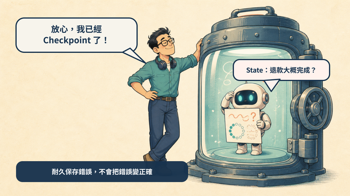 工程師得意地說已建立 Checkpoint,但保險庫裡的 Agent 仍抱著不確定的退款 State,說明耐久保存不會讓錯誤變正確
