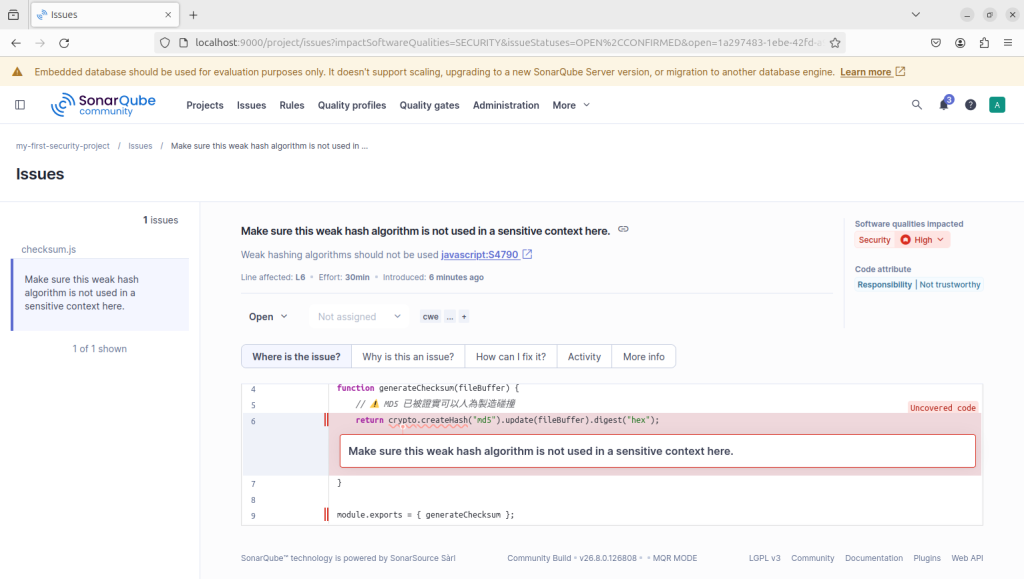 SonarQube 的問題詳情頁，顯示規則 javascript:S4790、Security High 影響，以及 Where is the issue 等分頁