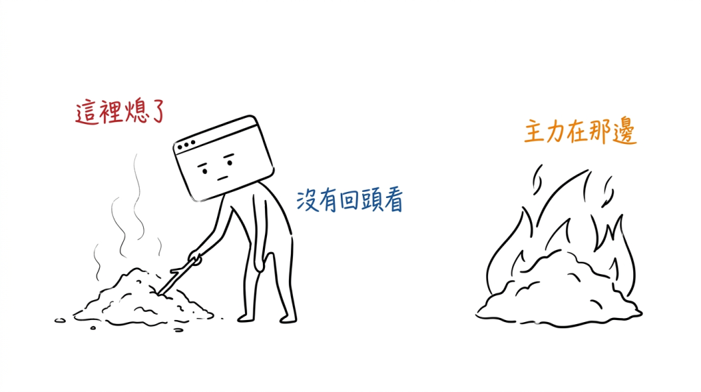我彎腰在熄掉的這一堆前撥灰，卻沒有回頭看還在燒的那一堆