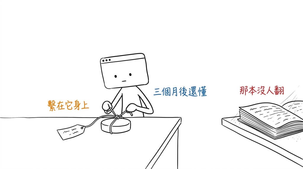 我把那張紙條直接繫在東西身上,不寫進遠處那本沒人翻的簿子