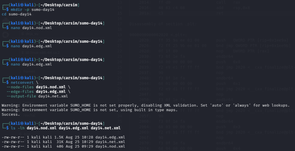 Kali Terminal 顯示 netconvert 成功產生 Day 14 路網檔案