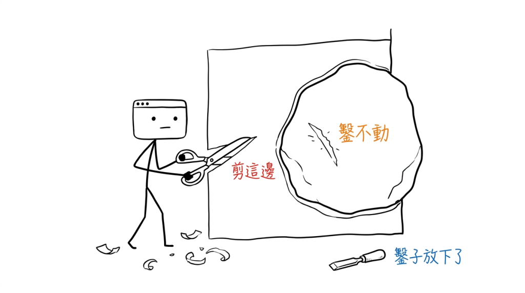 鑿子我放下了,改成沿著石頭的邊把這片薄板剪出同樣的弧