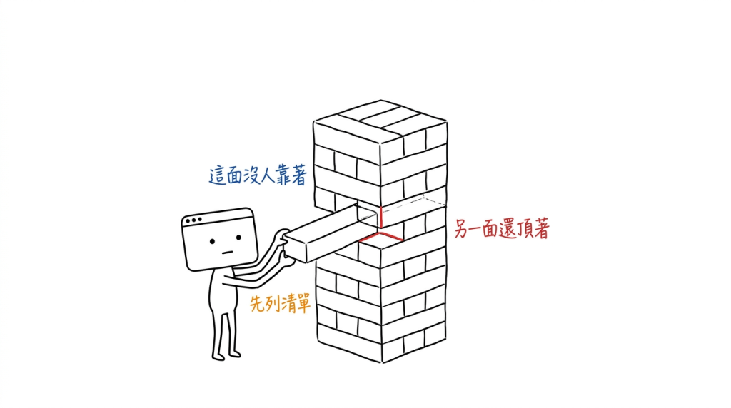我這一面看得清清楚楚沒有東西壓著，但那塊積木的另一頭還頂著上層