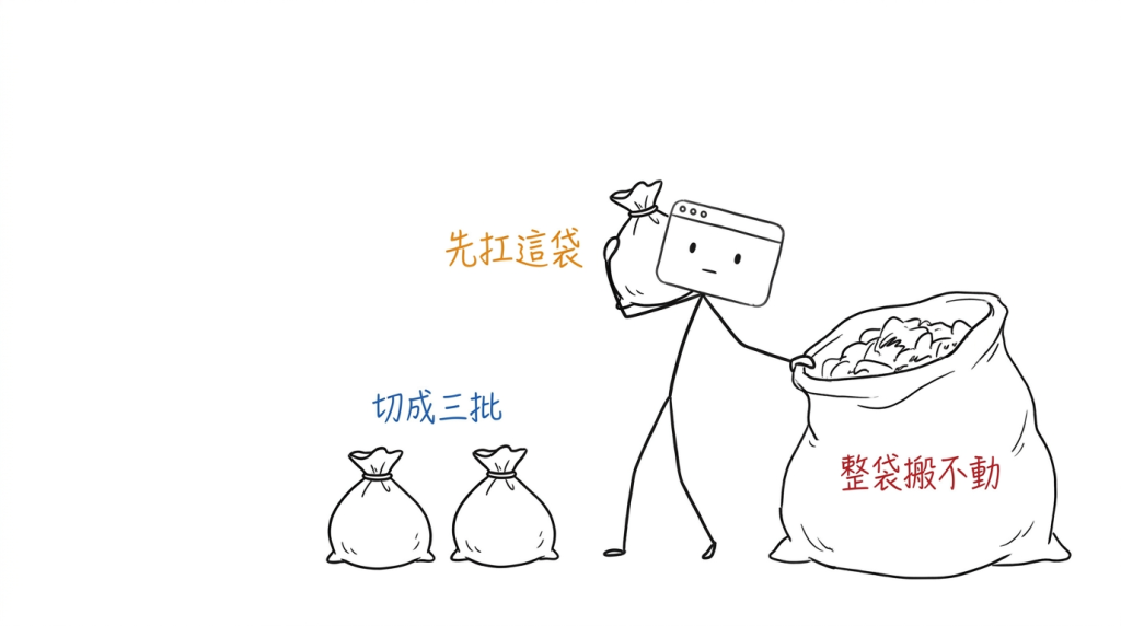 整袋我扛不動,分成三袋之後我先把第一袋扛上肩
