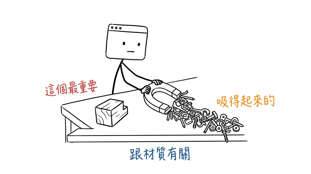 磁鐵吸滿了一串，桌上最大的那個是木頭做的，我從它頭上掃過去它一動也不動