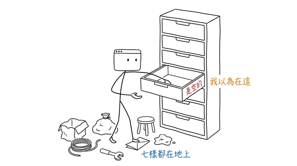 我伸手進記憶裡那一格，摸到的是空的，東西全在我腳邊