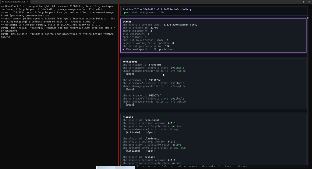 Windows Terminal 中執行的 BearPunch Station TUI，Status 顯示三個 installed plugins、三個 live workspaces，並列出 echo-agent、claude-acp 與 ccusage 的 active generation