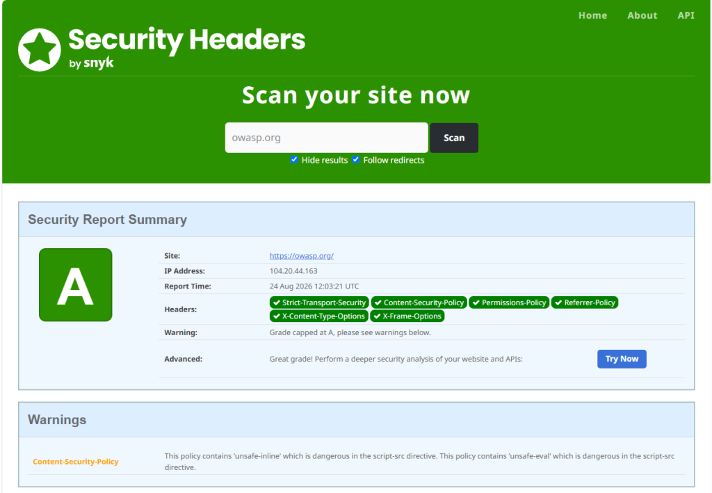 securityheaders.com 掃描 owasp.org 的結果：等級 A、六個安全標頭全部具備，但 Warning 欄寫著 Grade capped at A，下方 Warnings 區塊指出其 CSP 含有 unsafe-inline 與 unsafe-eval