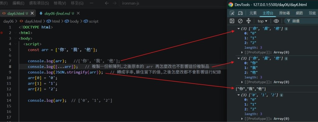 插入 day6-3.png:兩種解法展開後都正確顯示原始值 你/我/他,證實有效