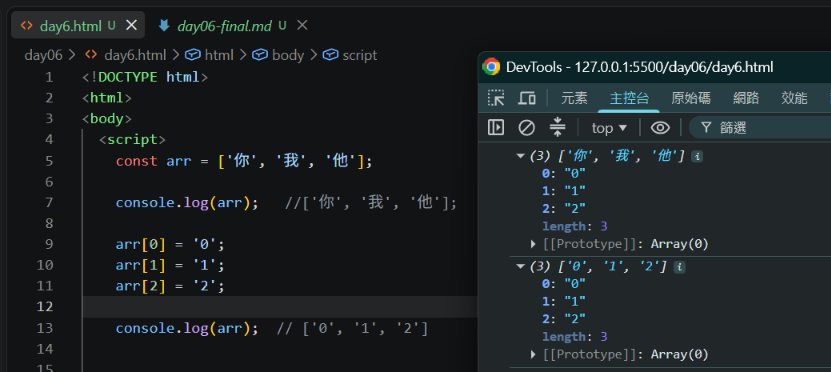 插入 day6-2.png:兩次 console.log(arr) 展開後都顯示改過的值,連改值之前那次也一樣