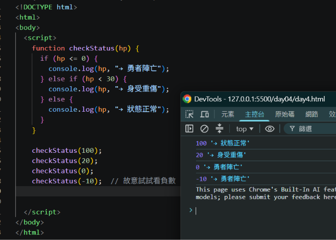 插入 day4-2.png:四個測試案例的 Console 輸出